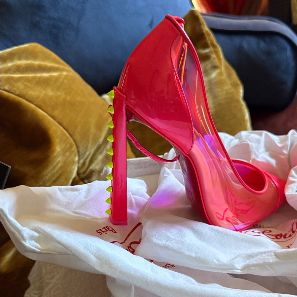 Christian Louboutin Fluorescent PINK with Yellow spikes detailing on Heels